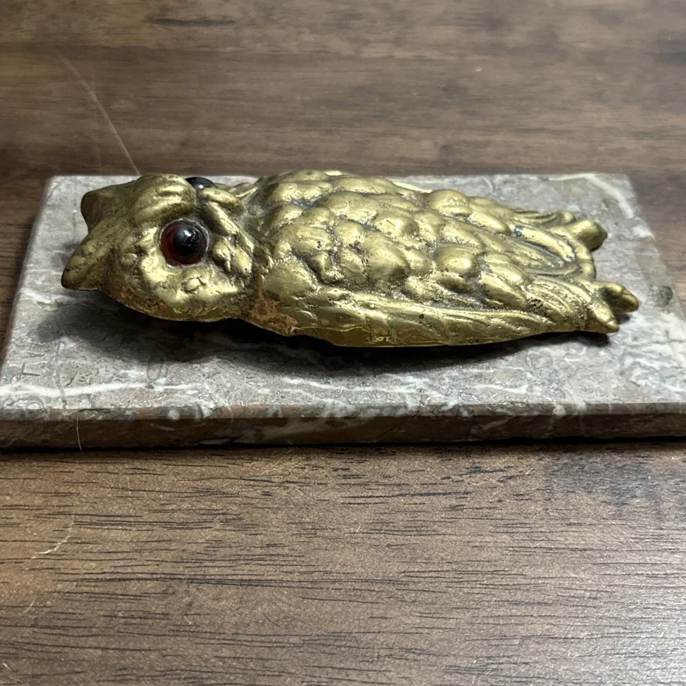 Antique OWL Figural Brass & Marble Desktop Paper Holder Paperclip Vintage Unique